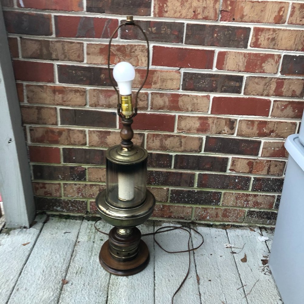 Mid Century Wood and Brass Table Lamp Unique 31" Tall